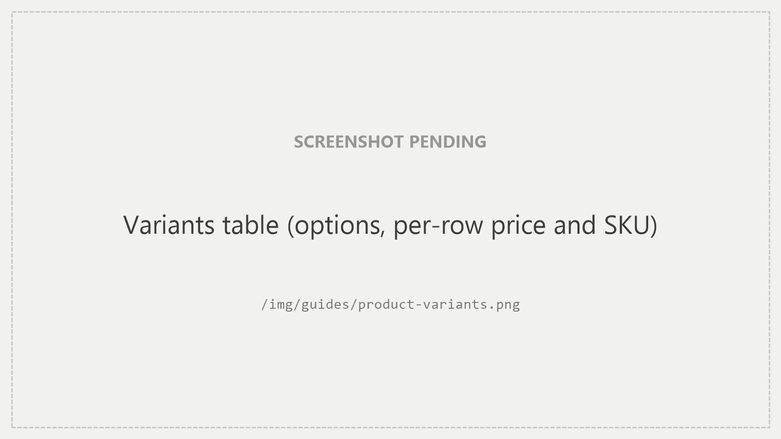 The Variants table: options with per-row price and SKU.